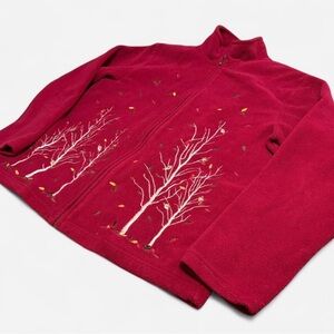 Vintage Wine Colour Embroidered Zip up Fleece Jacket with Pockets & tree, birds